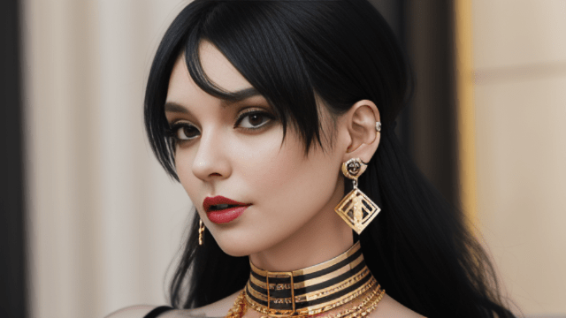A woman with black hair wearing gold jewelry.