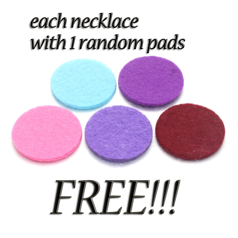 Assorted colorful felt pads, advertised as a free addition with each Aroma Essential Oil Diffuser Pendant Necklace purchase, align with the latest women fashion trends.