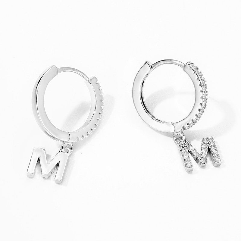 Sterling silver Women's Initial Letter Hoop Earrings adorned with diamonds, perfect for women.