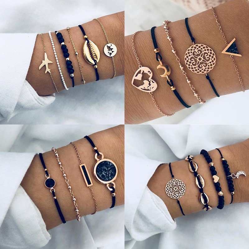 A collection of four images showcasing a wrist adorned with a Bohemian Rope Chain Bracelet for Women in different designs and styles, perfectly capturing new fashion trends.