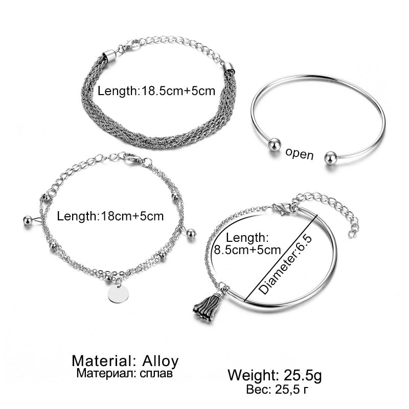 A collection of Women's Bohemian Tassel Round bracelets with various designs detailed with their measurements and material composition, each piece a striking fashion accessory reflective of new fashion style.