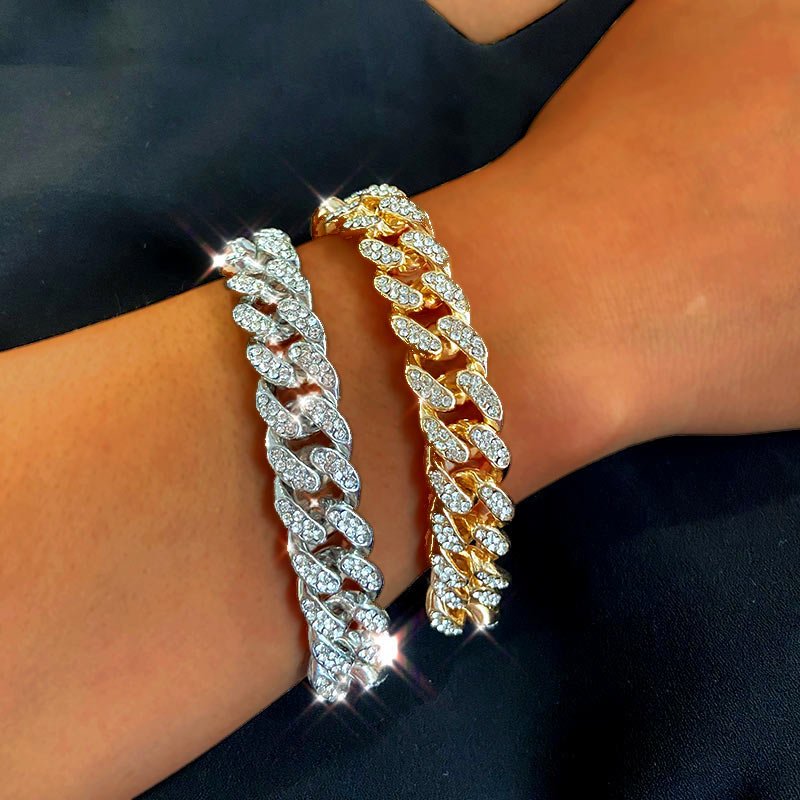 Sentence with replaced product: Two Women's Solid Link Chain Bracelets on a wrist; one silver-toned and the other gold-toned, reflecting current women's fashion trends.