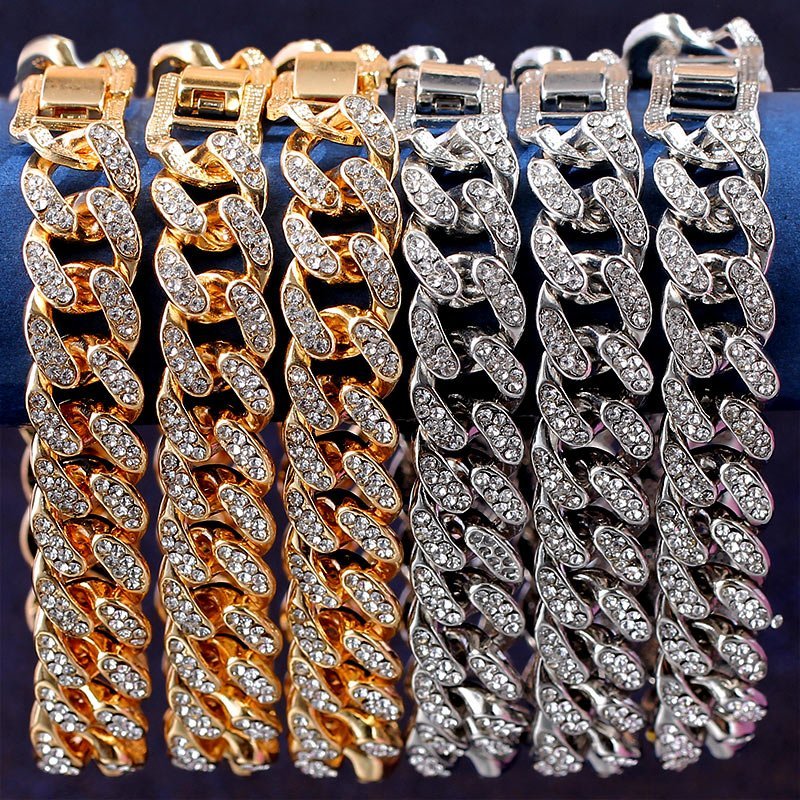A collection of shiny gold and silver colored Women's Solid Link Chain Bracelets with intricate designs, showcased as the latest fashion accessory for women against a dark background.