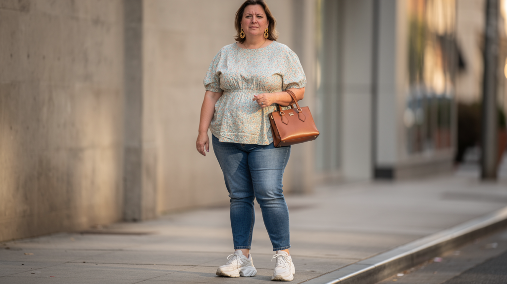 A woman wearing a floral top, blue jeans, and white sneakers stands on a city sidewalk holding a brown handbag, with buildings and a concrete wall in the background&mdash;demonstrating how effortlessly avoiding common fashion mistakes can elevate an everyday look.