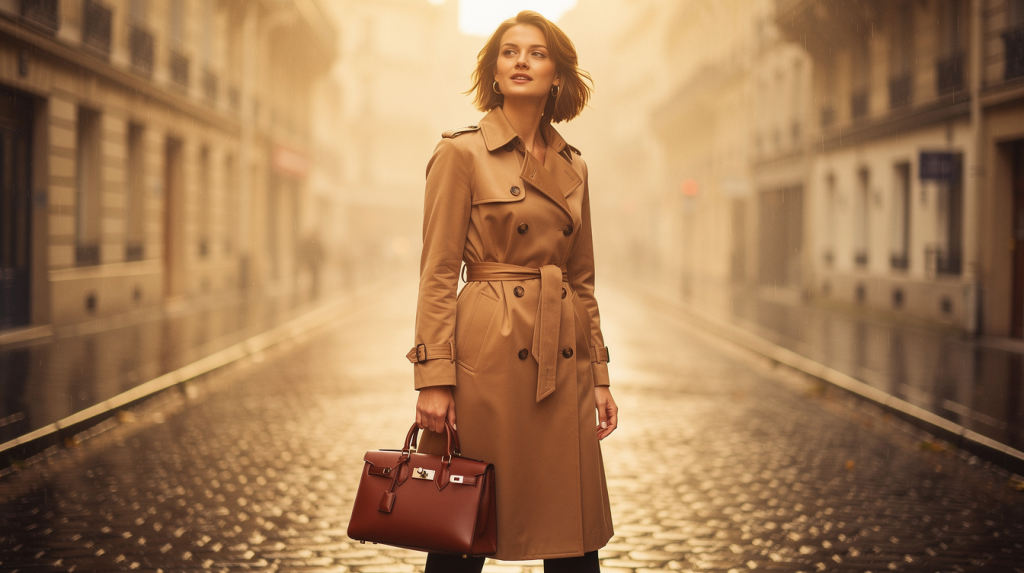 A woman in a tan trench coat, one of the true fashion staples in any women's wardrobe, stands on a cobblestone street at sunrise, holding a brown handbag. The scene has a warm, golden glow and the street is lined with elegant buildings.
