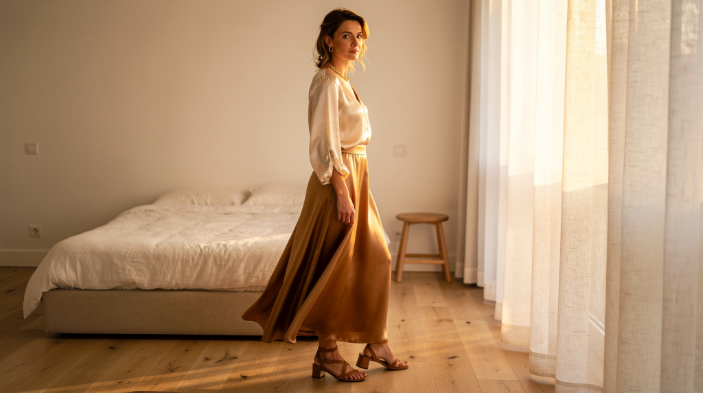 A woman in a cream blouse and long gold skirt—classic pieces from any women's wardrobe of timeless fashion staples—walks in a sunlit bedroom with wooden floors, a bed, and sheer curtains.